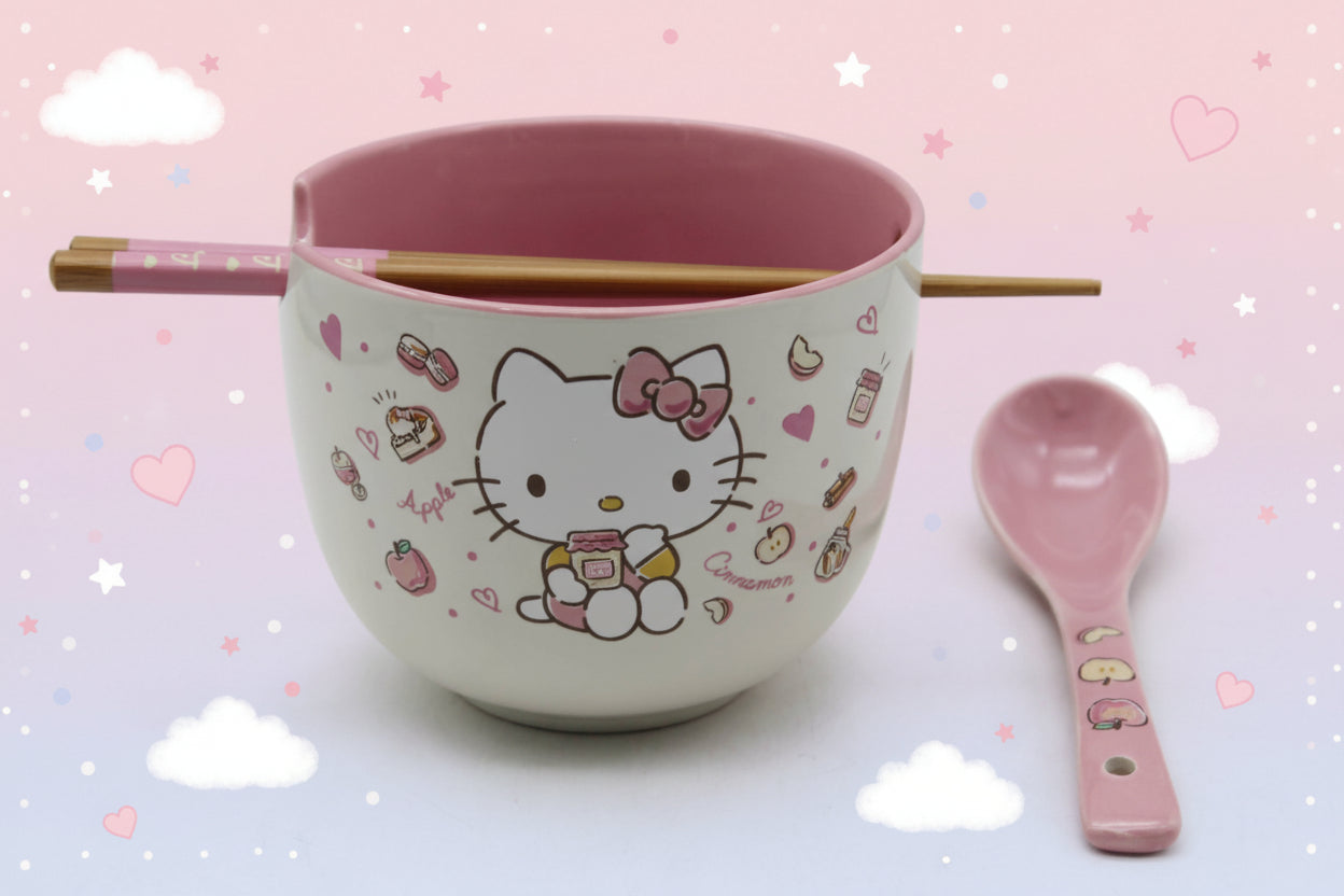 Hello Kitty Apples & Cinnamon with Spoon and Chopsticks 20oz Ceramic Ramen Bowl