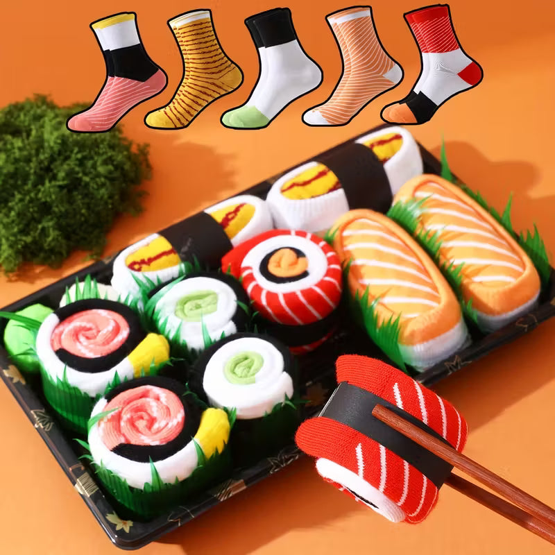 5 Pairs Sushi Socks with Chopsticks - Whimsical Sushi Creative Gift Socks, Unisex Gift Box Novelty Fun Cute