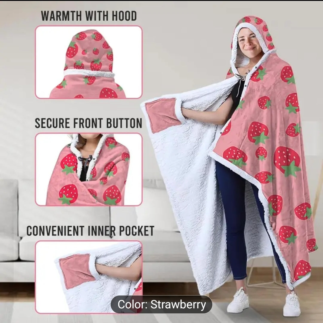 Fleece Blanket Hoodie Strawberry