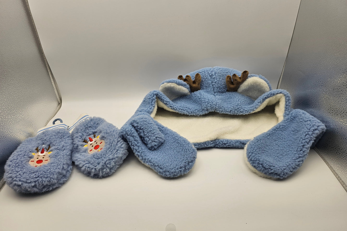 Reindeer Hat and Mittens Kids Blue