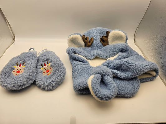 Reindeer Hat and Mittens Kids Blue